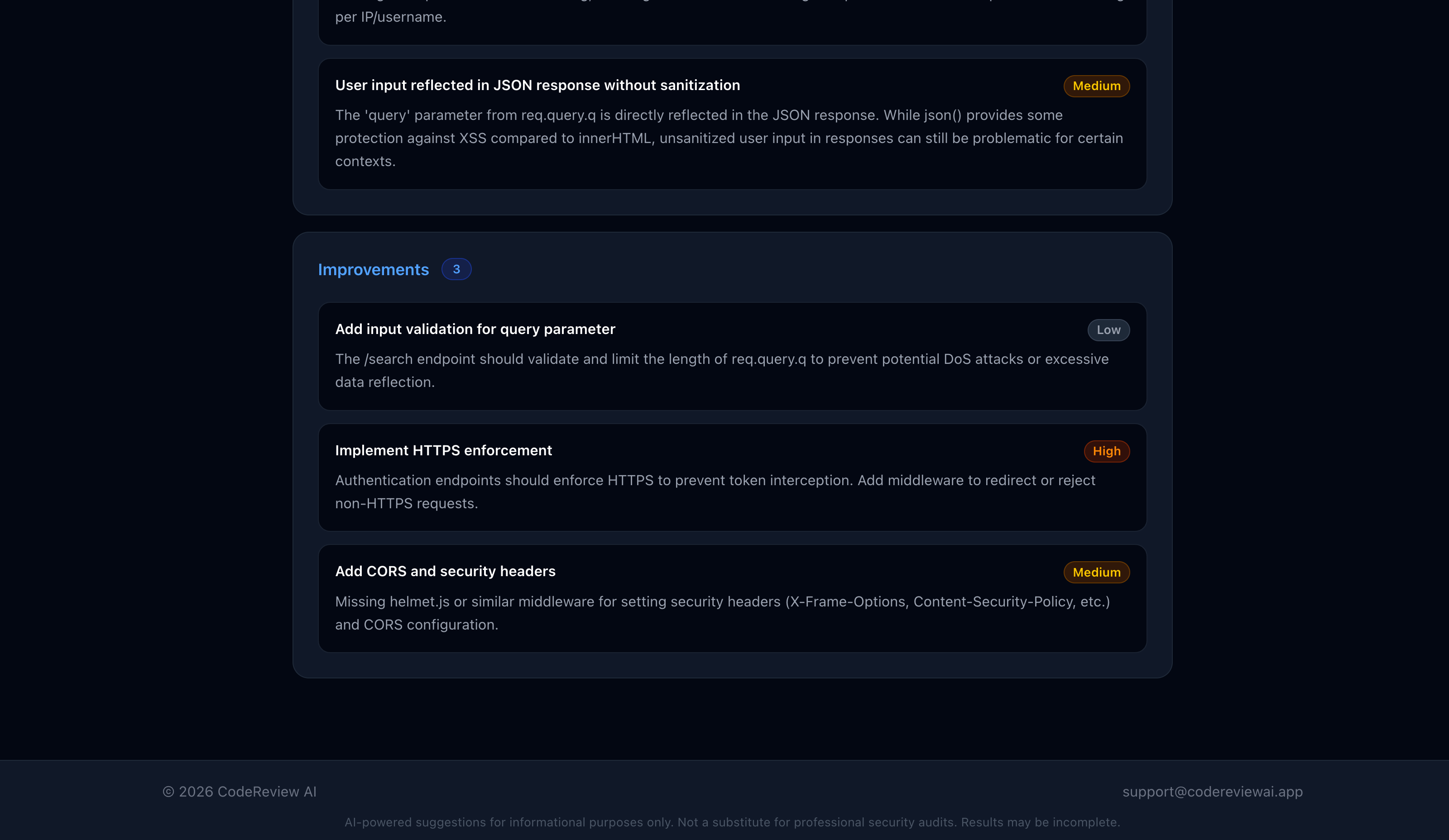 CodeReview AI findings view showing categorized security issues and improvement suggestions with severity ratings.