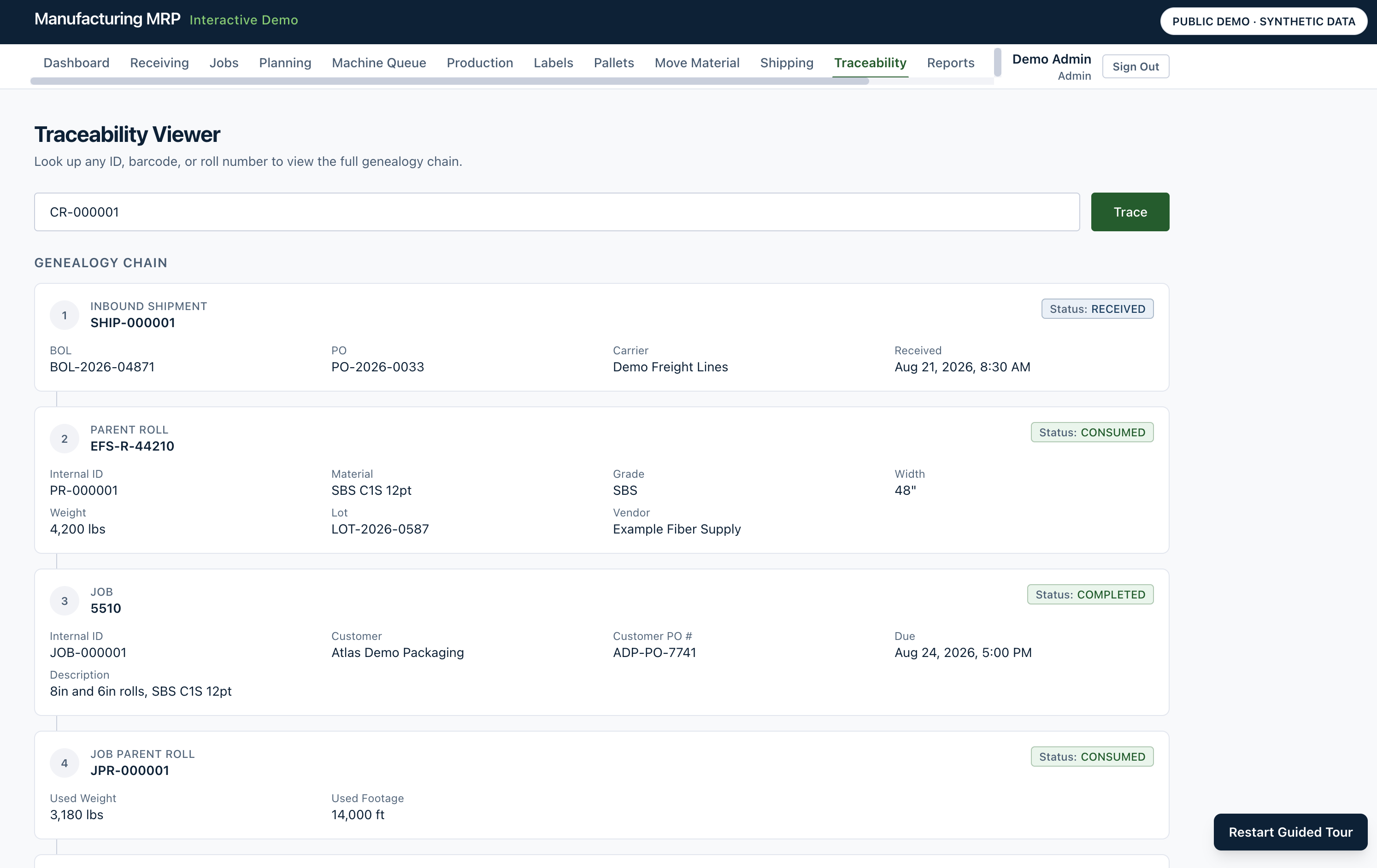 Manufacturing Operations Platform — traceability viewer showing the genealogy chain from inbound shipment to job, in the synthetic demo environment
